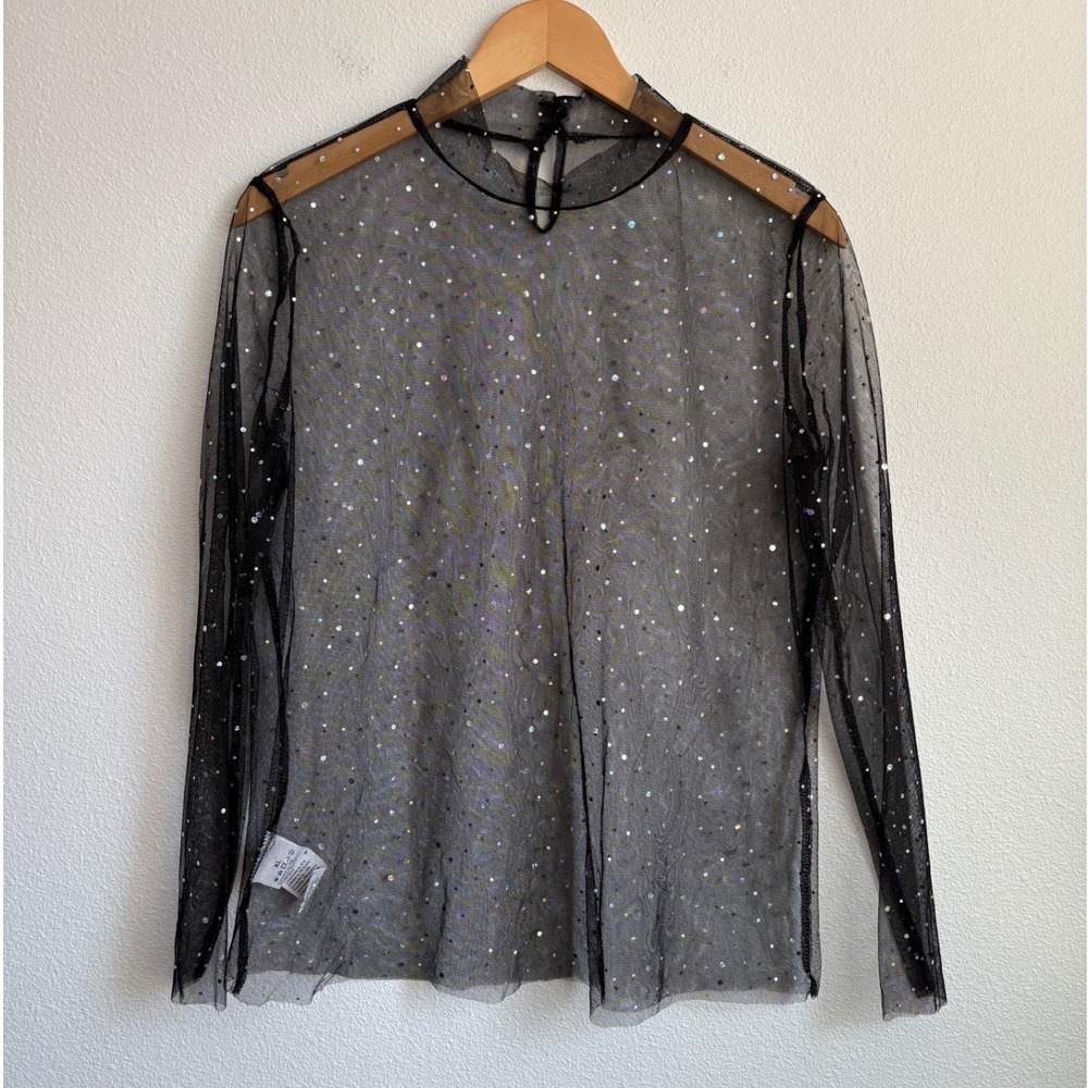 Womens XL Black Sheer Mesh Sequin Mock Neck Long Sleeve Top Iridescent Glam